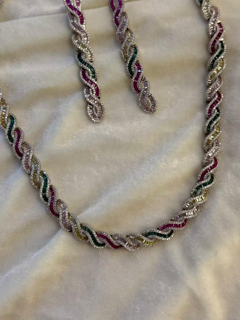 Twisted Link Design Rhodium-Plated Necklace Set with Multicolor Baguette Stones