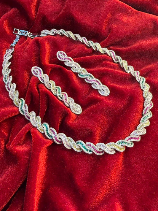 Twisted Link Design Rhodium-Plated Necklace Set with Multicolor Baguette Stones