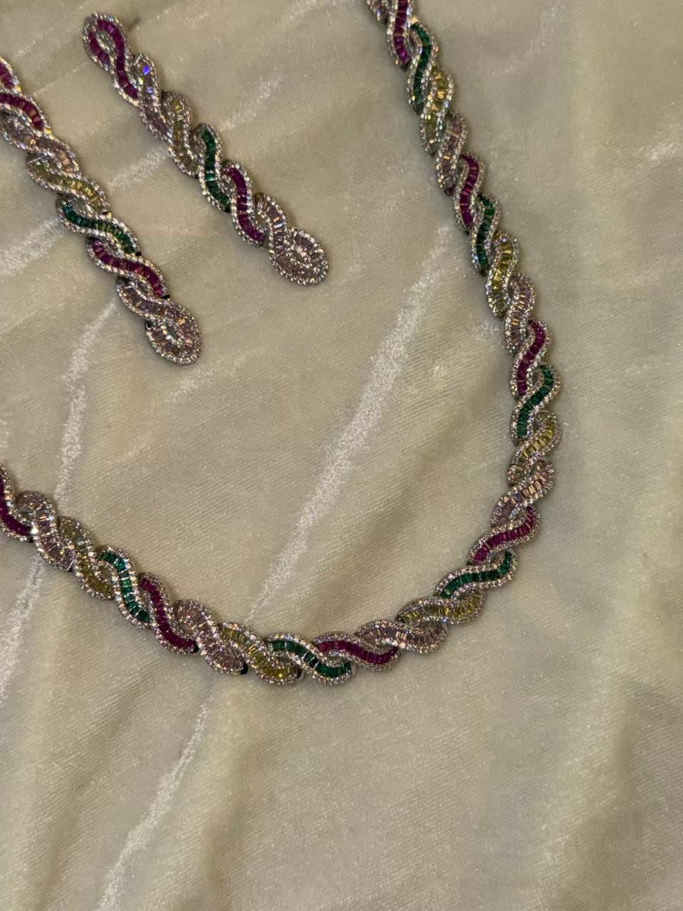 Twisted Link Design Rhodium-Plated Necklace Set with Multicolor Baguette Stones