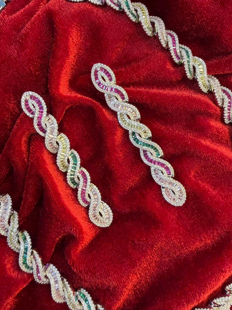 Twisted Link Design Rhodium-Plated Necklace Set with Multicolor Baguette Stones