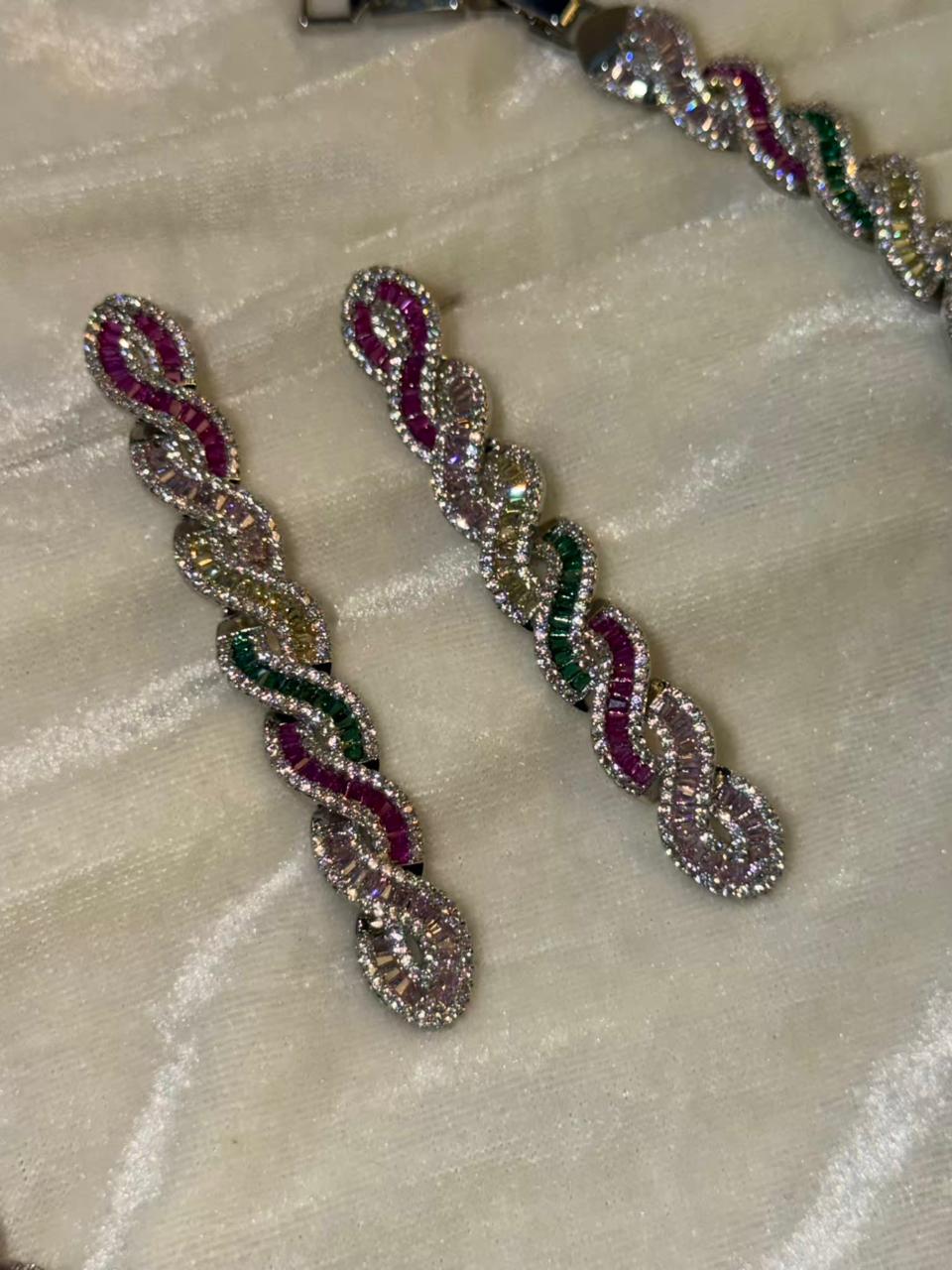Twisted Link Design Rhodium-Plated Necklace Set with Multicolor Baguette Stones