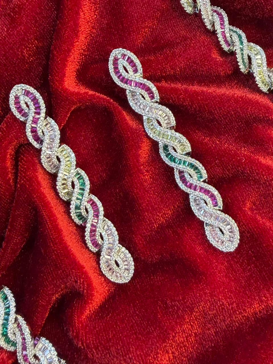 Twisted Link Design Rhodium-Plated Necklace Set with Multicolor Baguette Stones