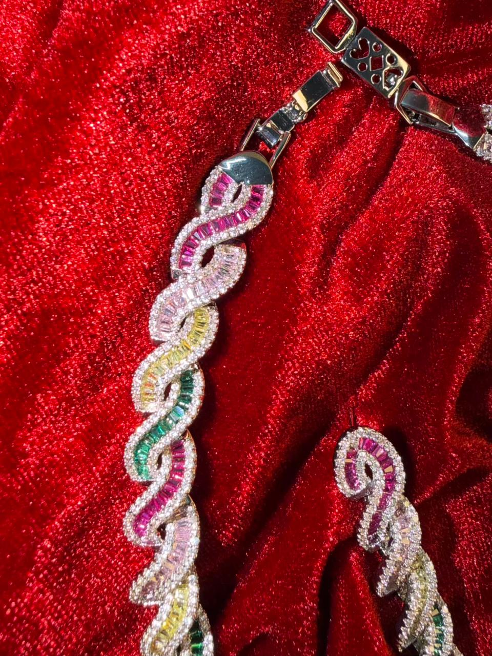 Twisted Link Design Rhodium-Plated Necklace Set with Multicolor Baguette Stones