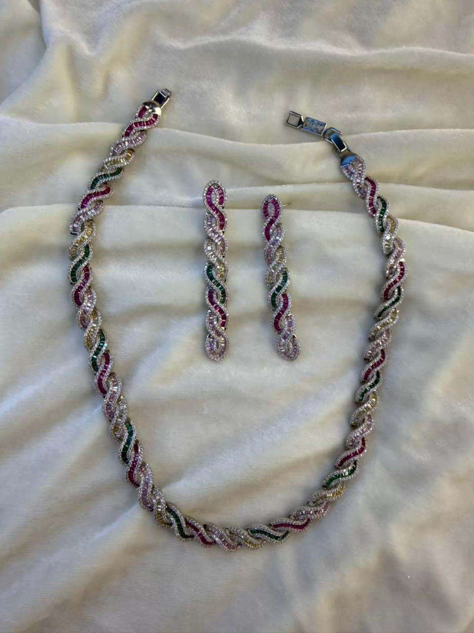 Twisted Link Design Rhodium-Plated Necklace Set with Multicolor Baguette Stones