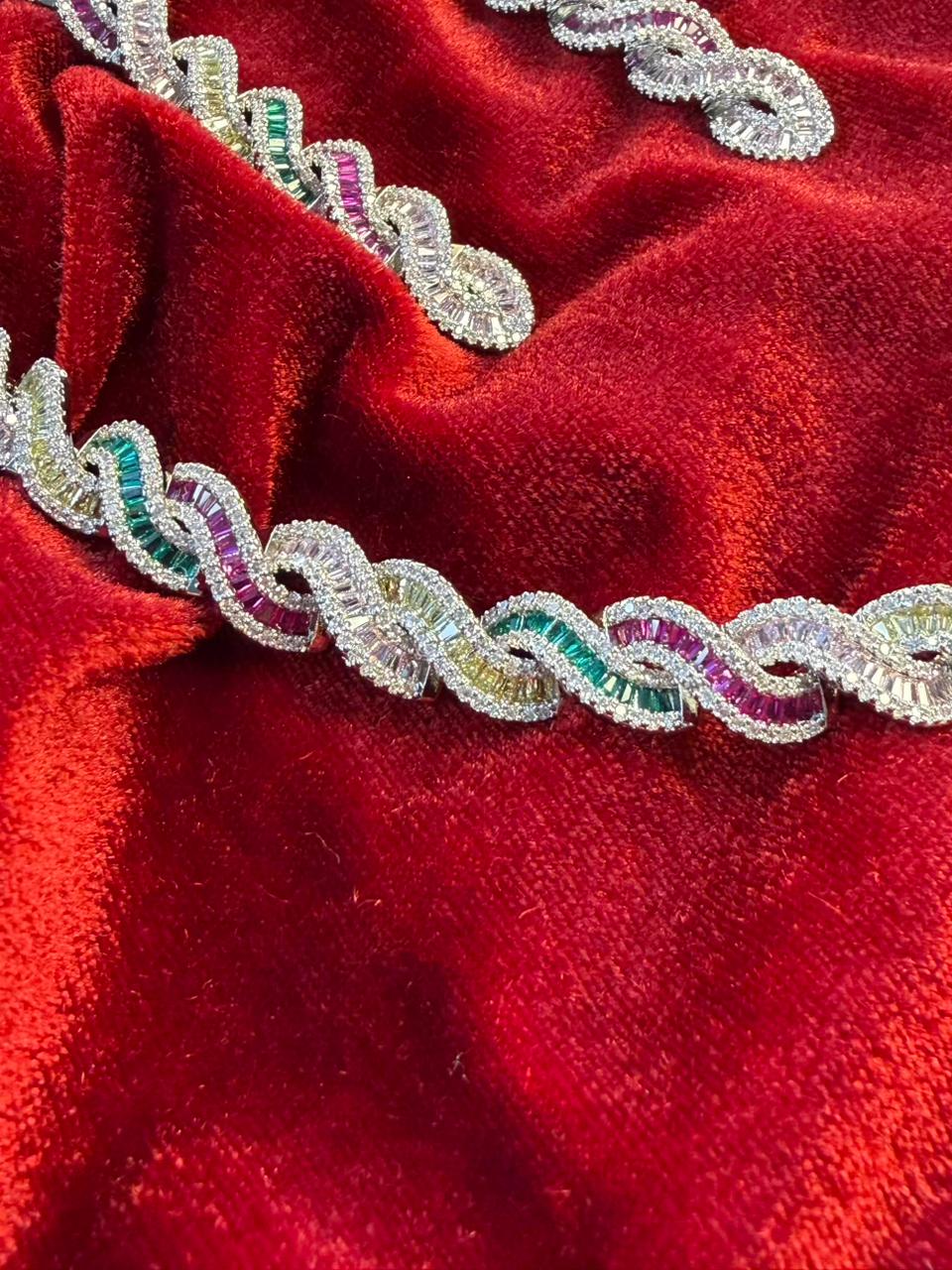 Twisted Link Design Rhodium-Plated Necklace Set with Multicolor Baguette Stones