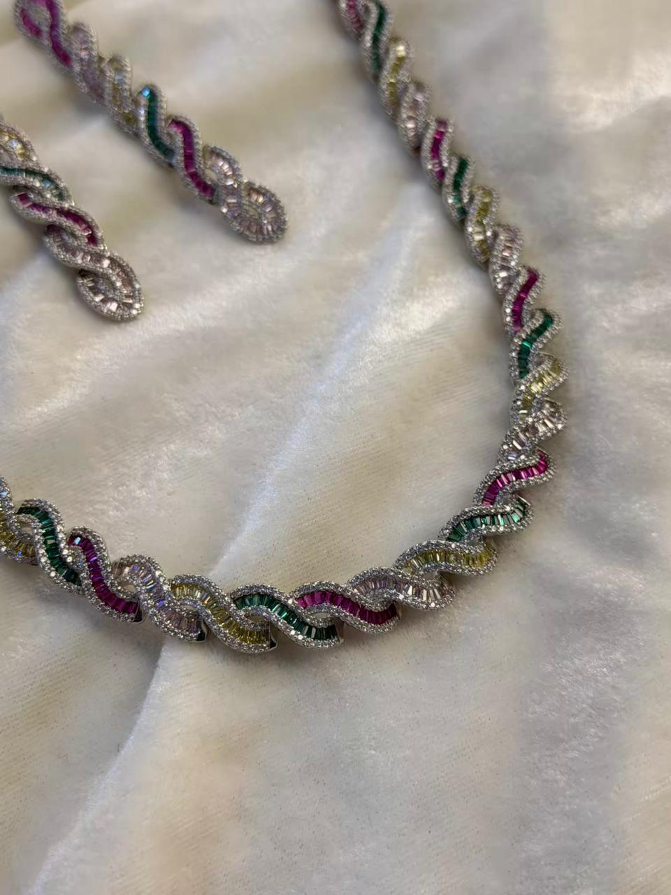 Twisted Link Design Rhodium-Plated Necklace Set with Multicolor Baguette Stones