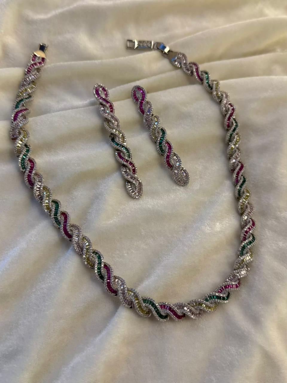 Twisted Link Design Rhodium-Plated Necklace Set with Multicolor Baguette Stones