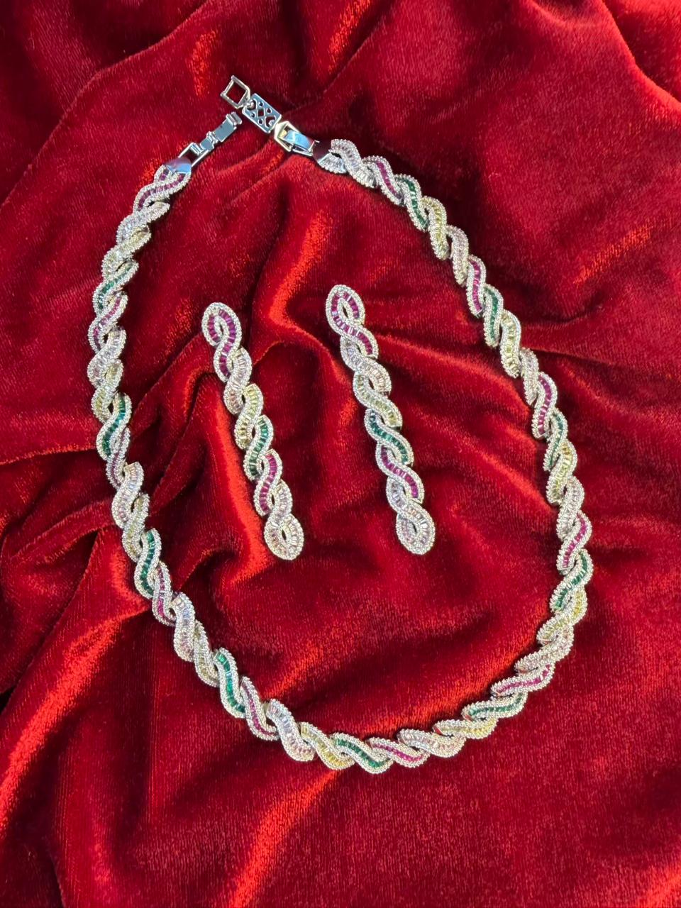 Twisted Link Design Rhodium-Plated Necklace Set with Multicolor Baguette Stones