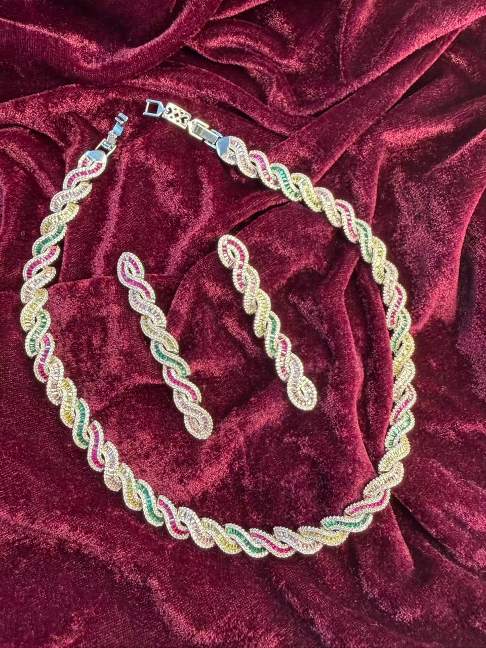 Twisted Link Design Rhodium-Plated Necklace Set with Multicolor Baguette Stones