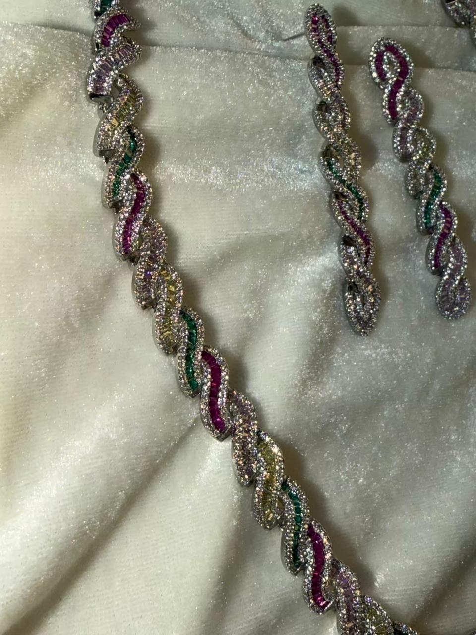 Twisted Link Design Rhodium-Plated Necklace Set with Multicolor Baguette Stones