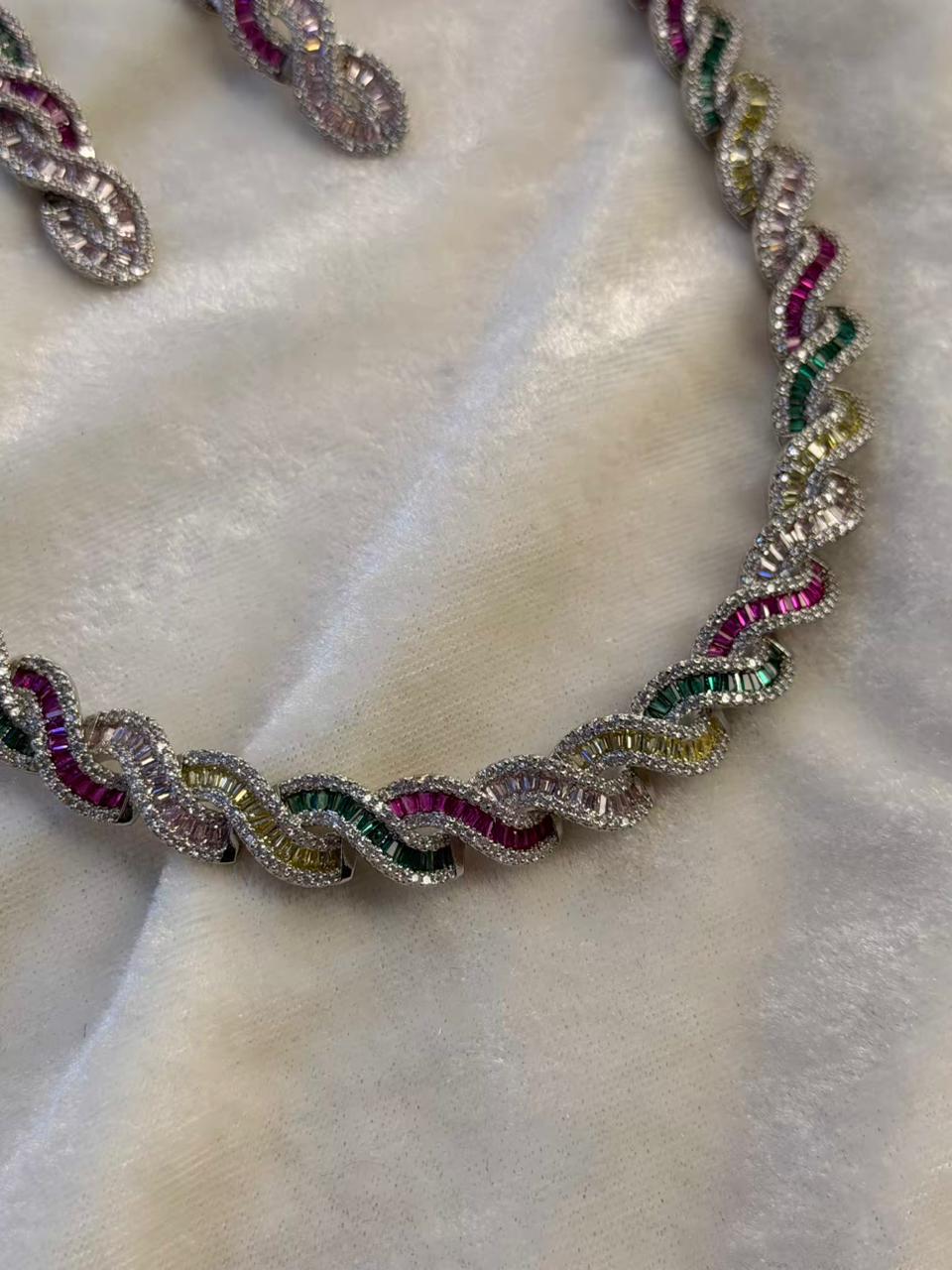 Twisted Link Design Rhodium-Plated Necklace Set with Multicolor Baguette Stones