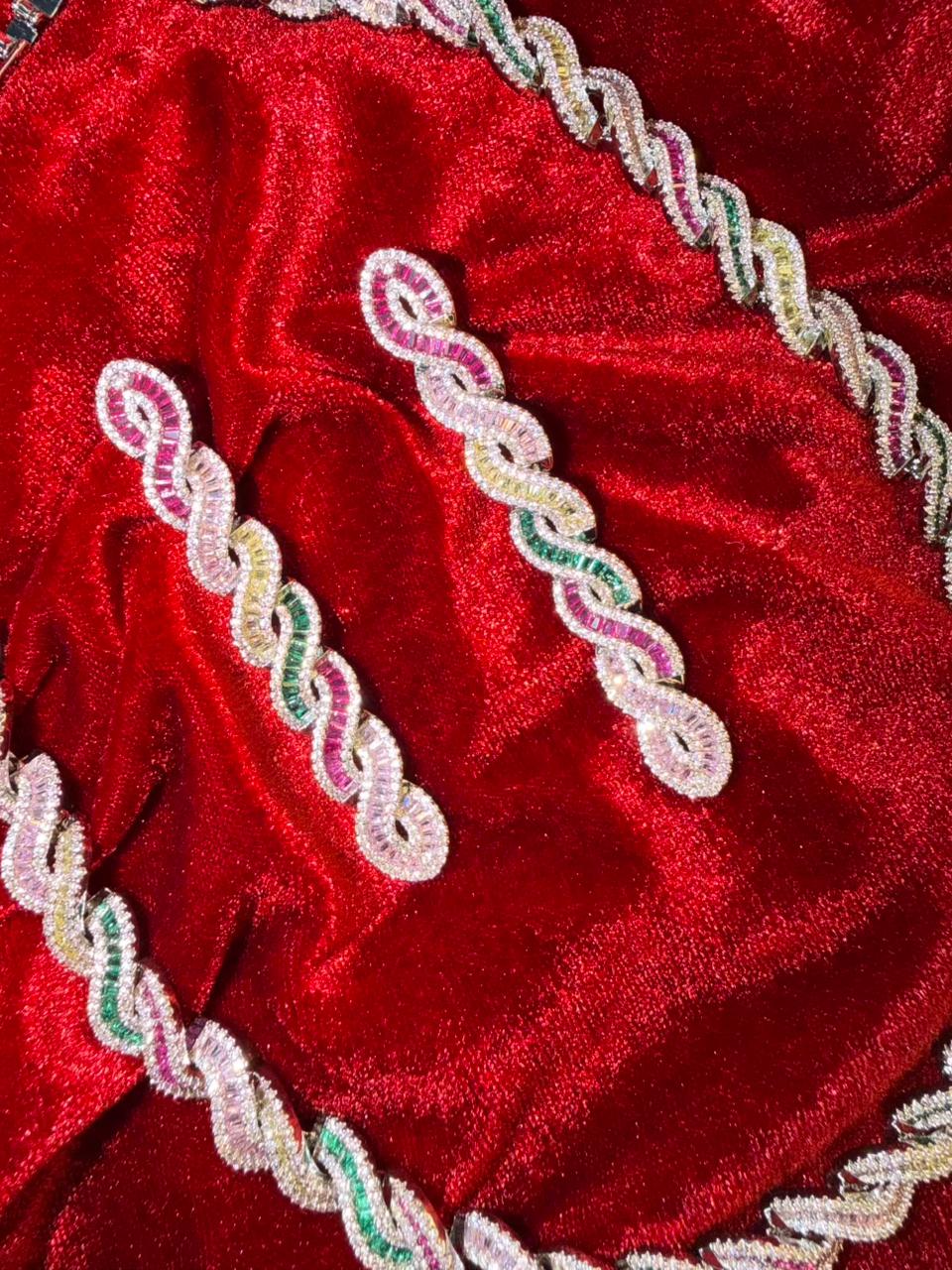 Twisted Link Design Rhodium-Plated Necklace Set with Multicolor Baguette Stones