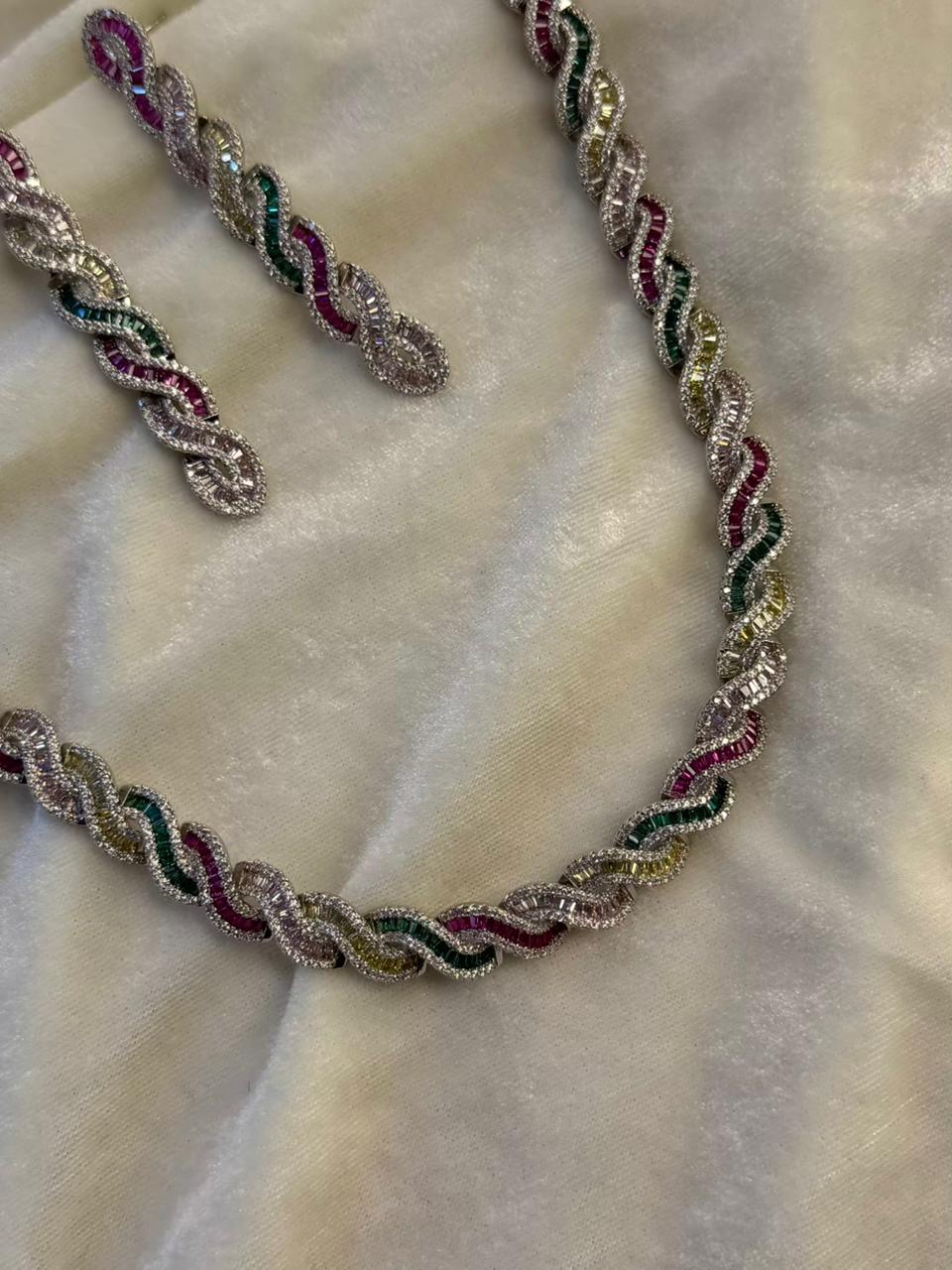 Twisted Link Design Rhodium-Plated Necklace Set with Multicolor Baguette Stones