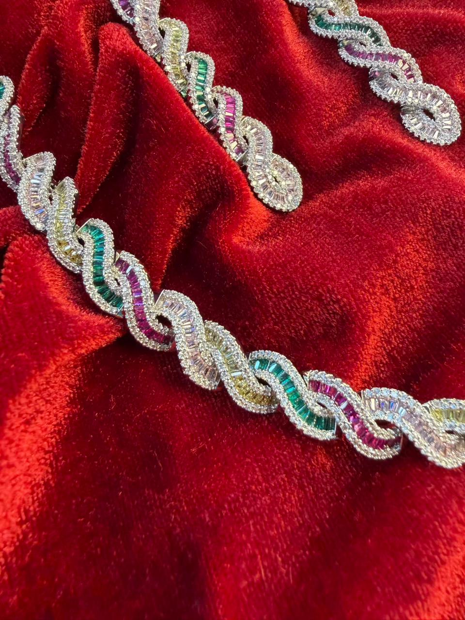 Twisted Link Design Rhodium-Plated Necklace Set with Multicolor Baguette Stones