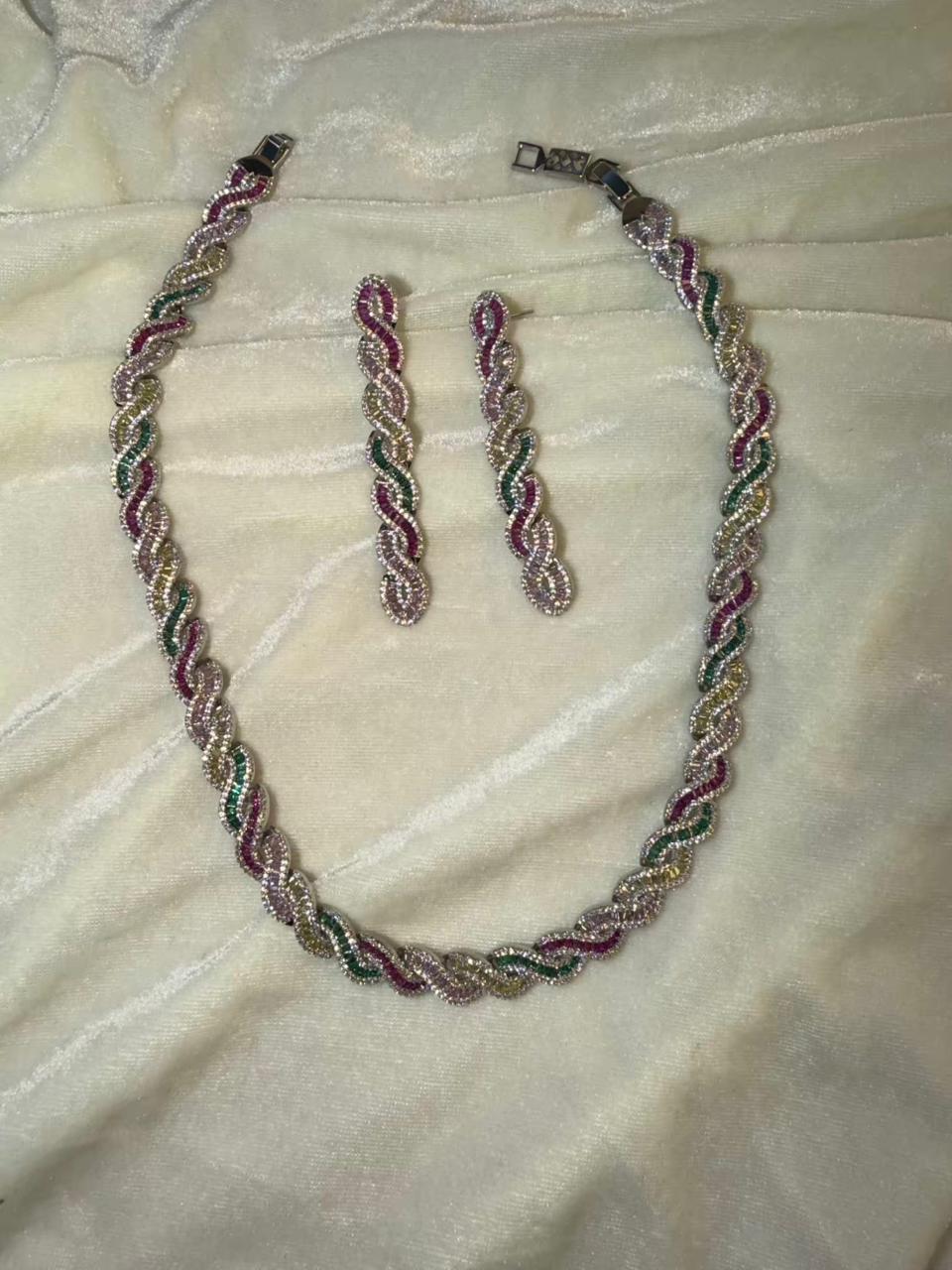 Twisted Link Design Rhodium-Plated Necklace Set with Multicolor Baguette Stones