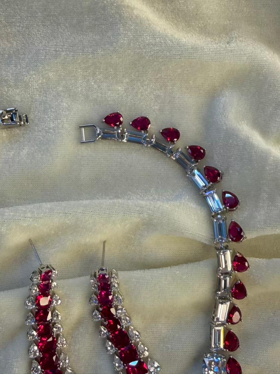 Teardrop and Square Design Rhodium-Plated Necklace Set with Ruby Red Stones