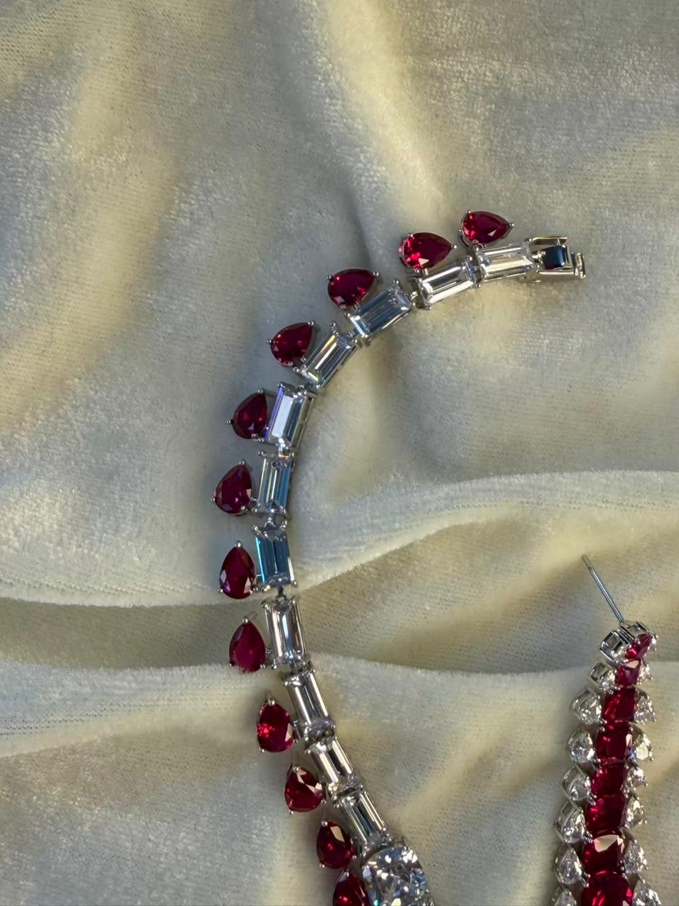 Teardrop and Square Design Rhodium-Plated Necklace Set with Ruby Red Stones