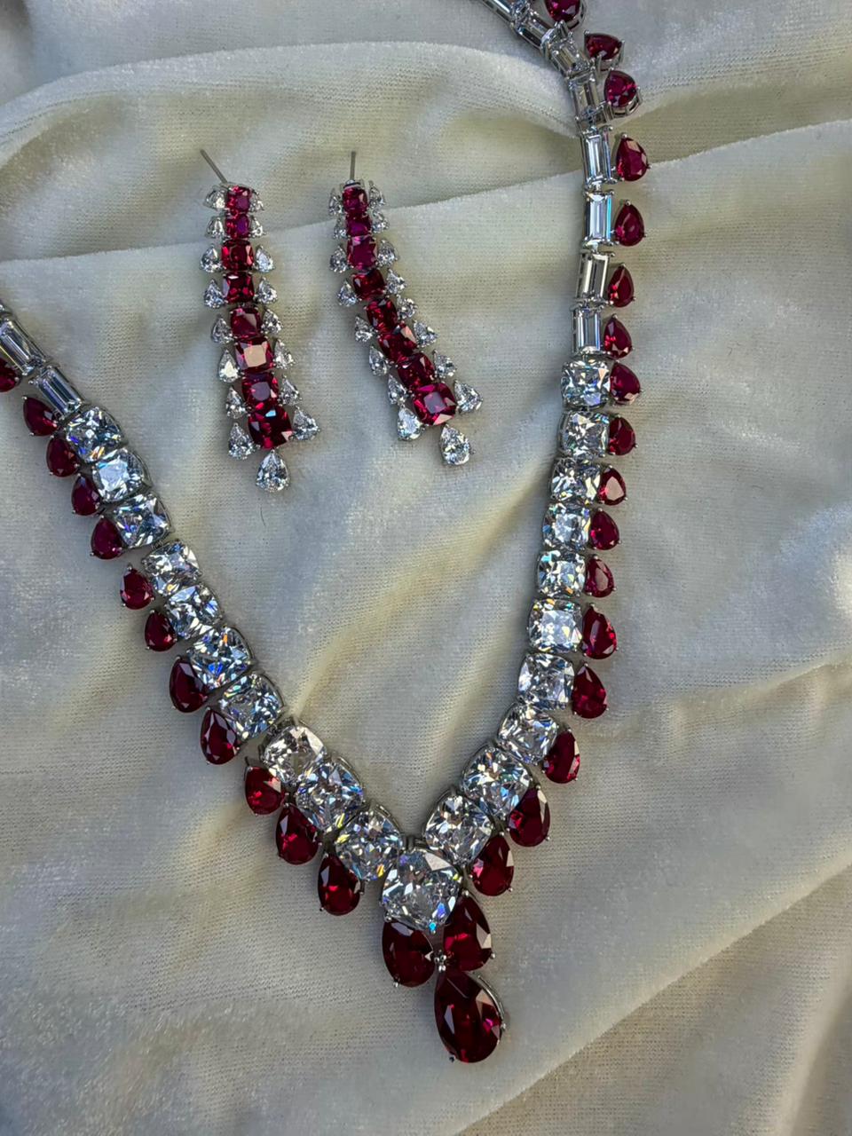 Teardrop and Square Design Rhodium-Plated Necklace Set with Ruby Red Stones