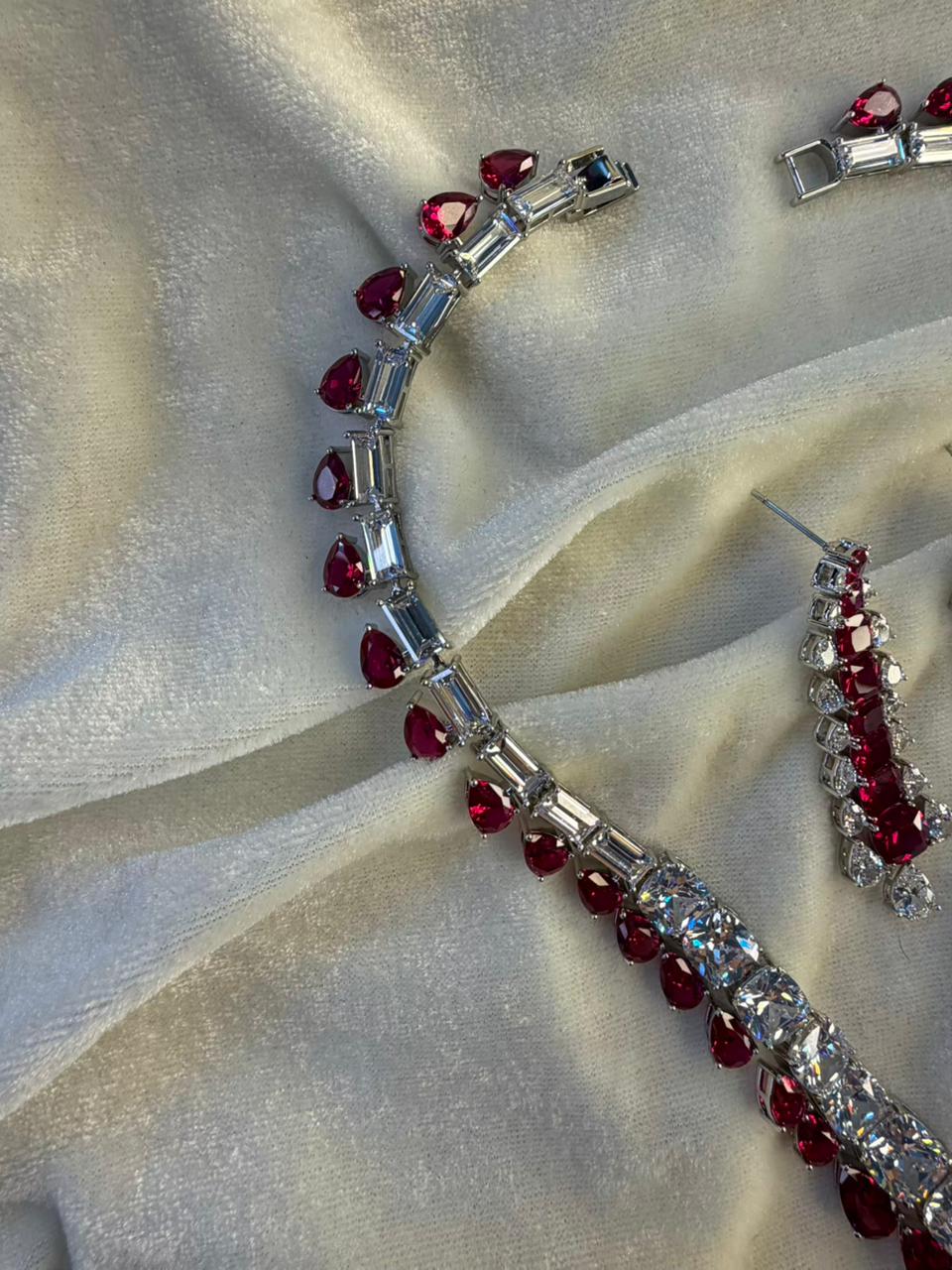 Teardrop and Square Design Rhodium-Plated Necklace Set with Ruby Red Stones