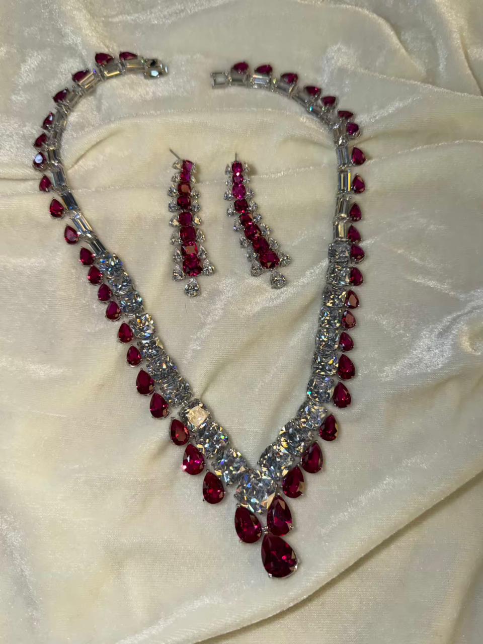 Teardrop and Square Design Rhodium-Plated Necklace Set with Ruby Red Stones