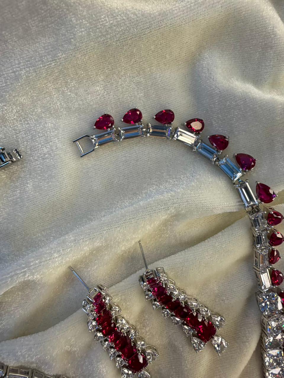 Teardrop and Square Design Rhodium-Plated Necklace Set with Ruby Red Stones