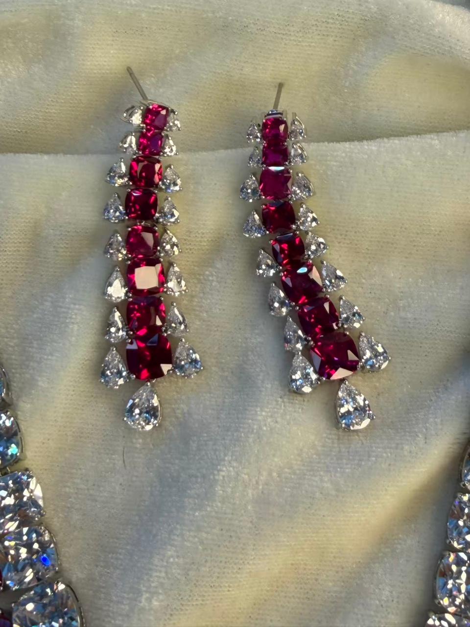 Teardrop and Square Design Rhodium-Plated Necklace Set with Ruby Red Stones