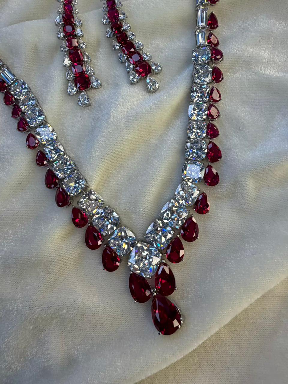 Teardrop and Square Design Rhodium-Plated Necklace Set with Ruby Red Stones