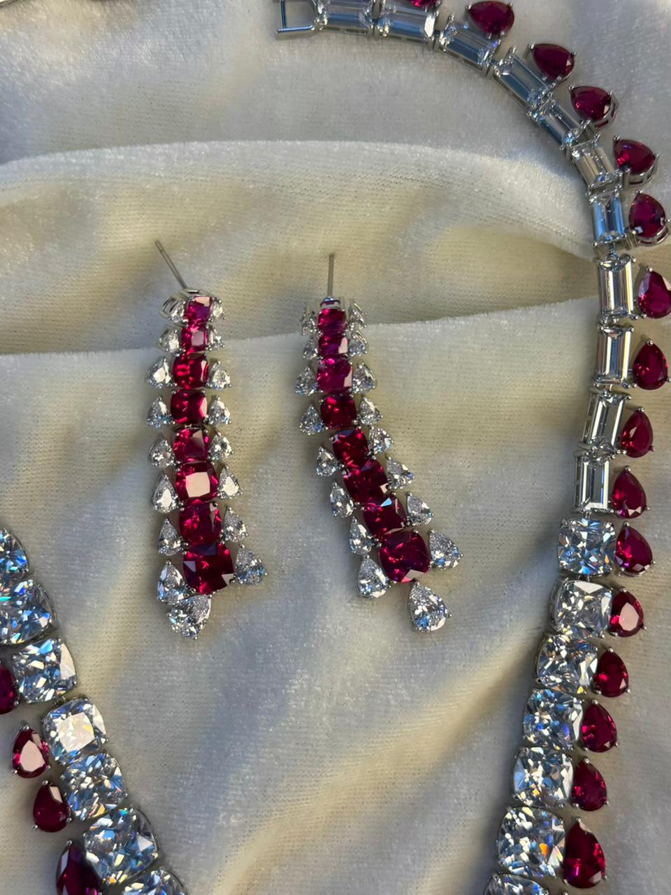 Teardrop and Square Design Rhodium-Plated Necklace Set with Ruby Red Stones