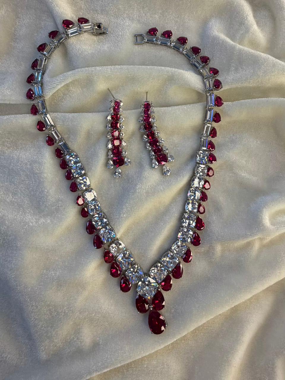 Teardrop and Square Design Rhodium-Plated Necklace Set with Ruby Red Stones