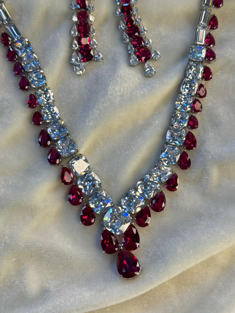 Teardrop and Square Design Rhodium-Plated Necklace Set with Ruby Red Stones