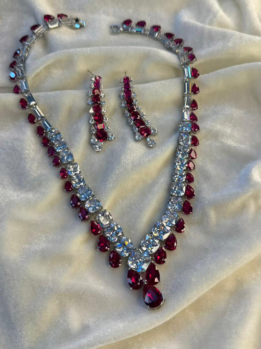 Teardrop and Square Design Rhodium-Plated Necklace Set with Ruby Red Stones