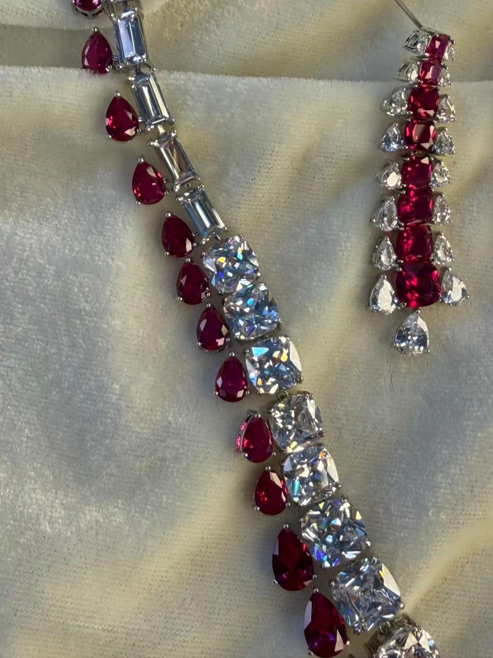 Teardrop and Square Design Rhodium-Plated Necklace Set with Ruby Red Stones