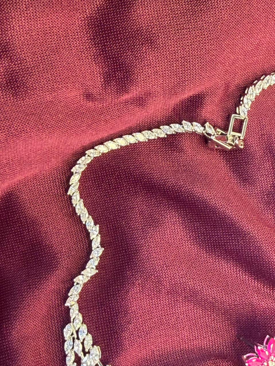 Floral Cascade Design Rhodium-Plated Silver Necklace Set with Ruby Pink Stones