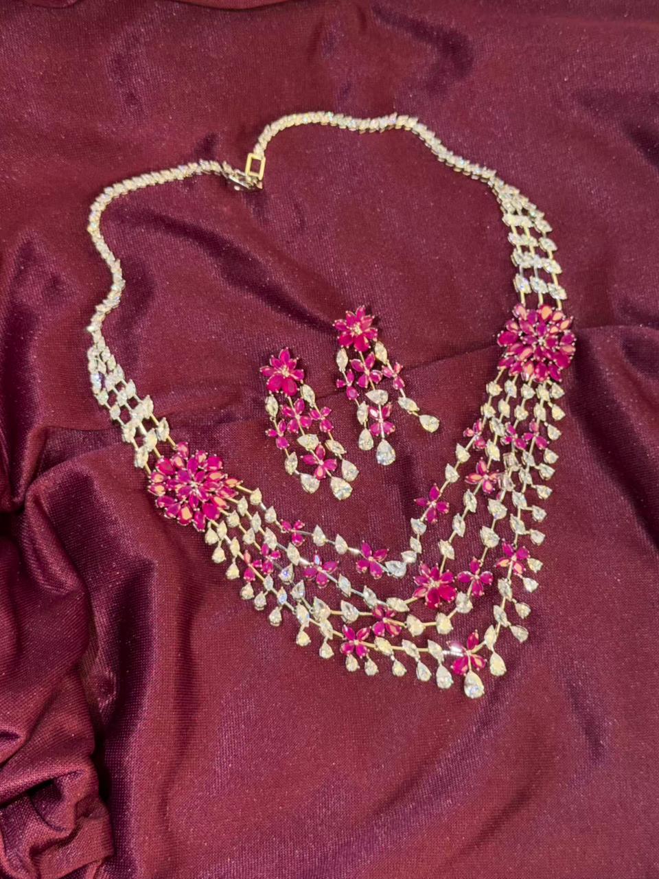 Floral Cascade Design Rhodium-Plated Silver Necklace Set with Ruby Pink Stones