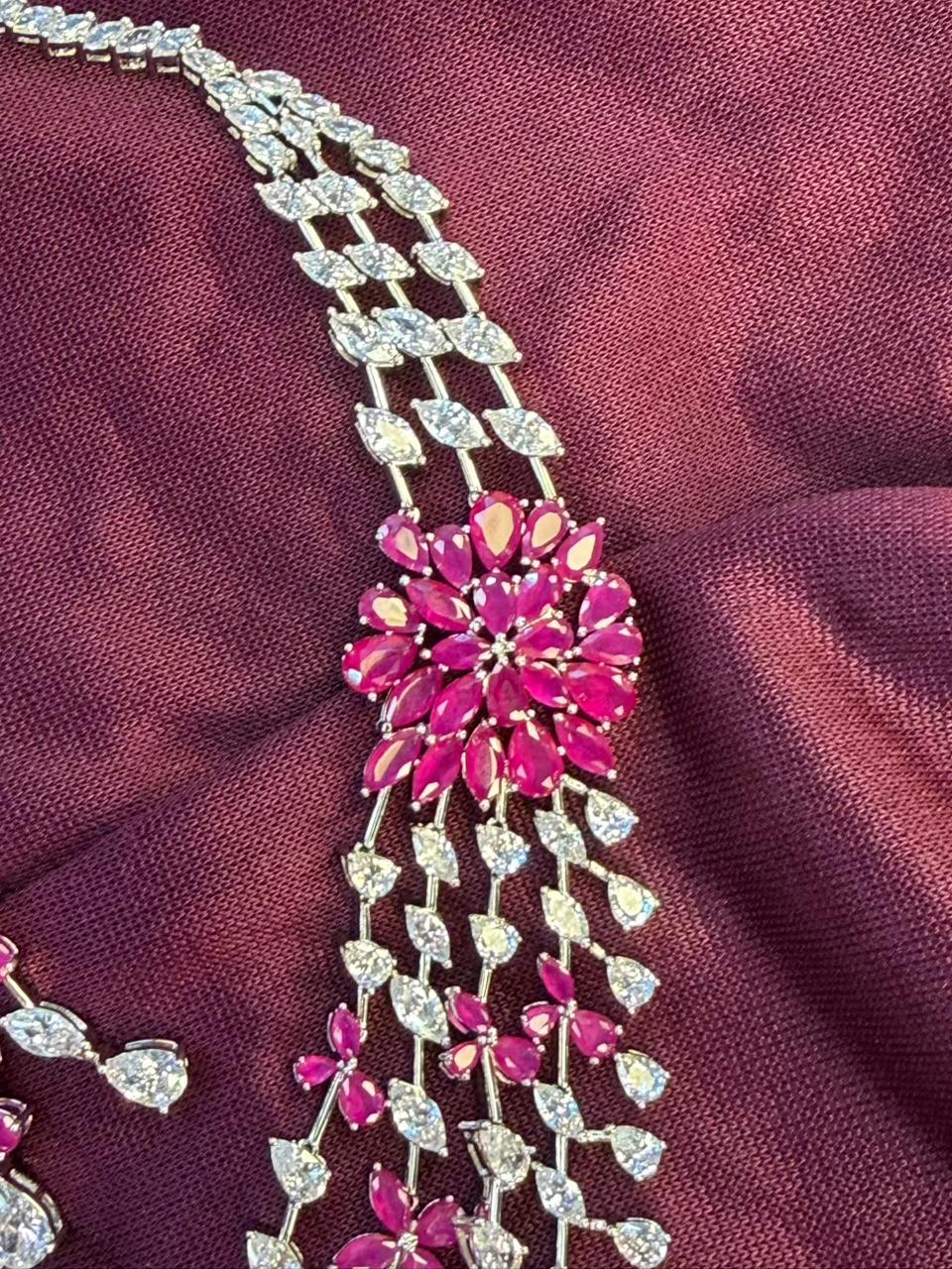 Floral Cascade Design Rhodium-Plated Silver Necklace Set with Ruby Pink Stones