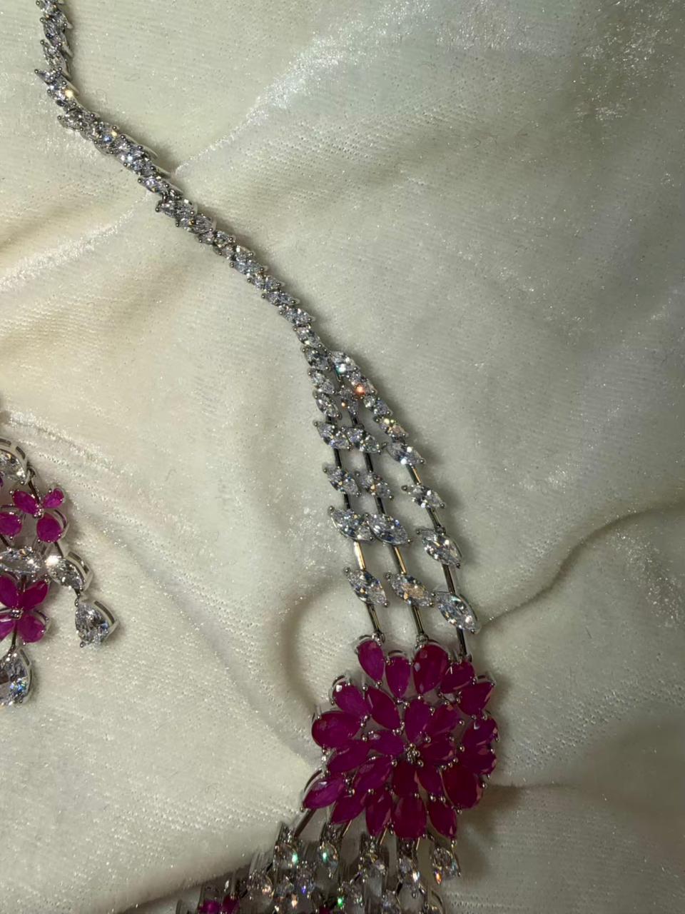 Floral Cascade Design Rhodium-Plated Silver Necklace Set with Ruby Pink Stones