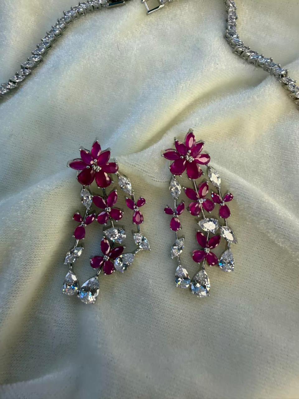 Floral Cascade Design Rhodium-Plated Silver Necklace Set with Ruby Pink Stones