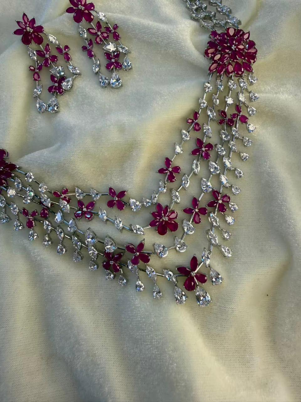 Floral Cascade Design Rhodium-Plated Silver Necklace Set with Ruby Pink Stones