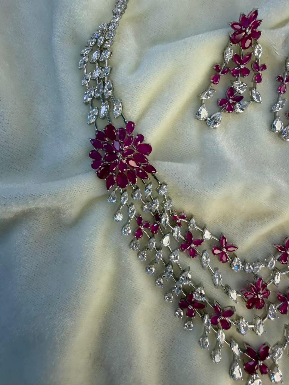 Floral Cascade Design Rhodium-Plated Silver Necklace Set with Ruby Pink Stones
