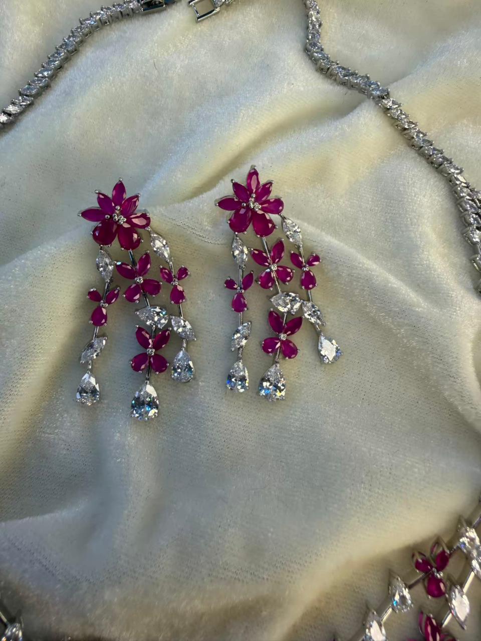 Floral Cascade Design Rhodium-Plated Silver Necklace Set with Ruby Pink Stones