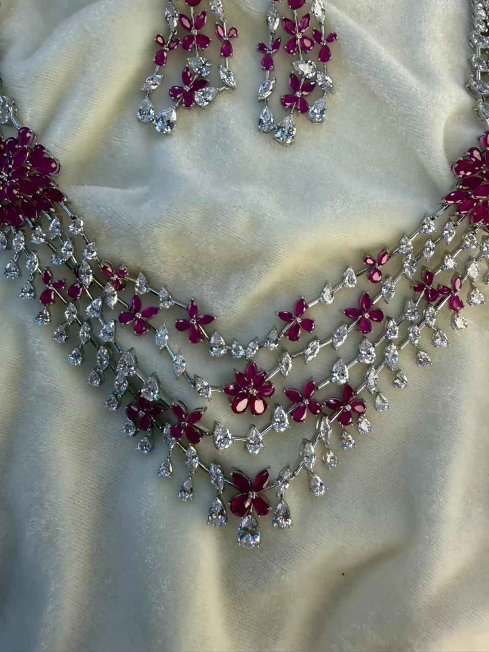 Floral Cascade Design Rhodium-Plated Silver Necklace Set with Ruby Pink Stones