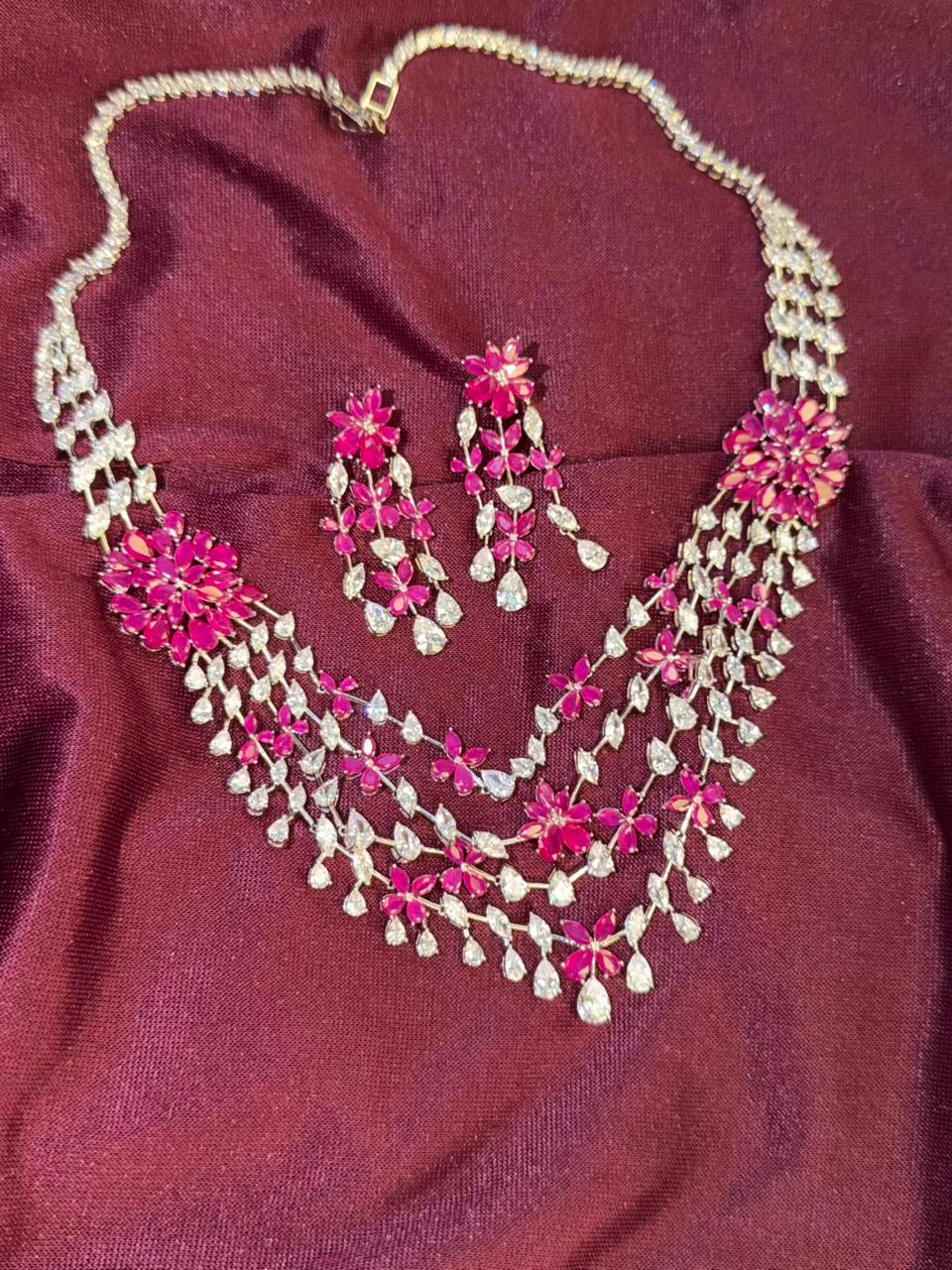 Floral Cascade Design Rhodium-Plated Silver Necklace Set with Ruby Pink Stones