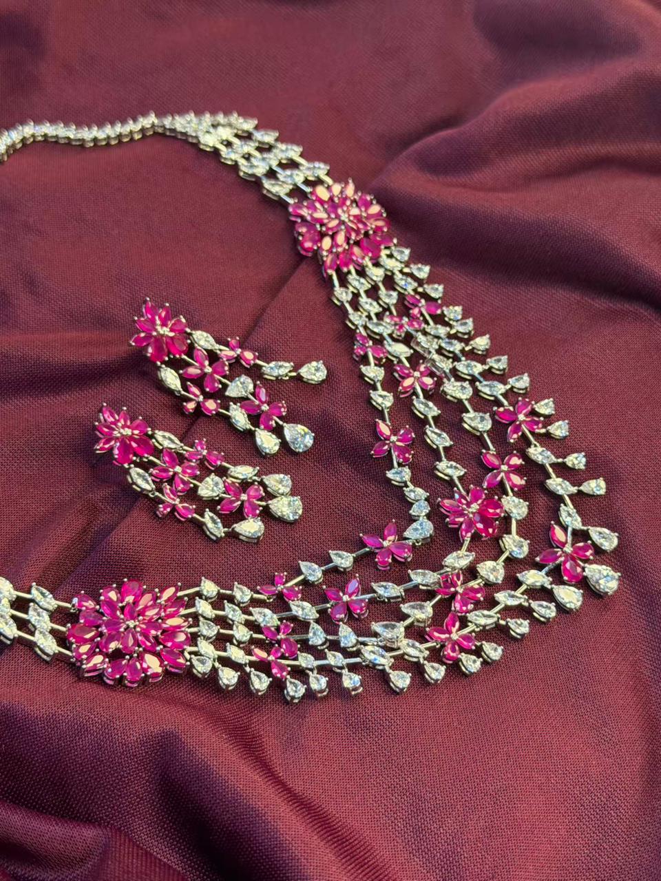 Floral Cascade Design Rhodium-Plated Silver Necklace Set with Ruby Pink Stones
