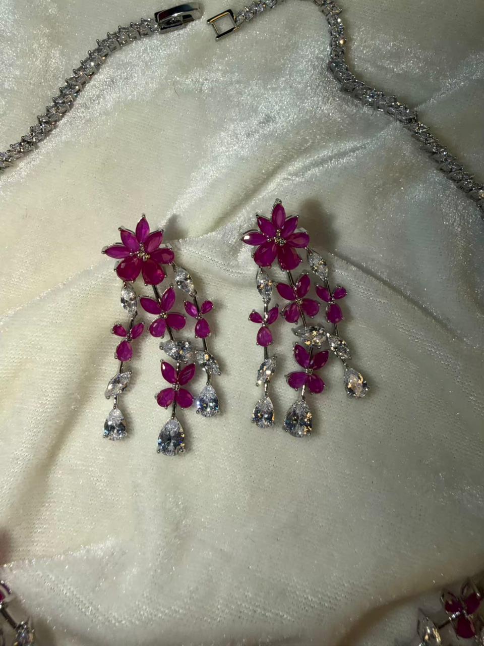 Floral Cascade Design Rhodium-Plated Silver Necklace Set with Ruby Pink Stones