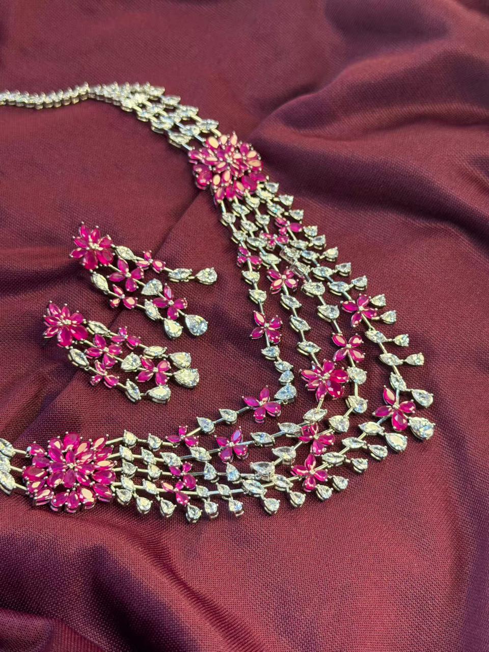 Floral Cascade Design Rhodium-Plated Silver Necklace Set with Ruby Pink Stones