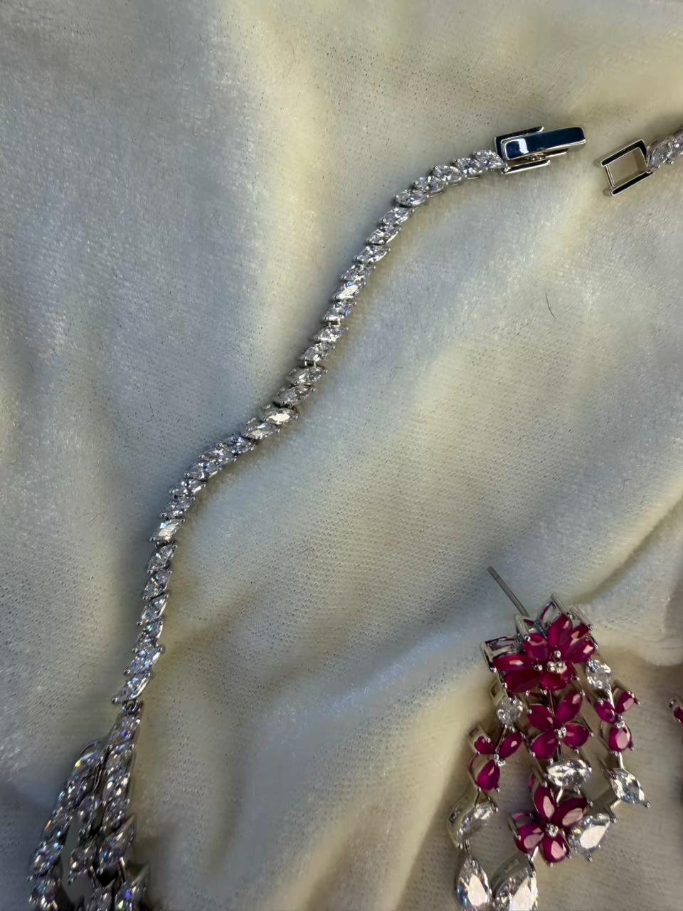 Floral Cascade Design Rhodium-Plated Silver Necklace Set with Ruby Pink Stones