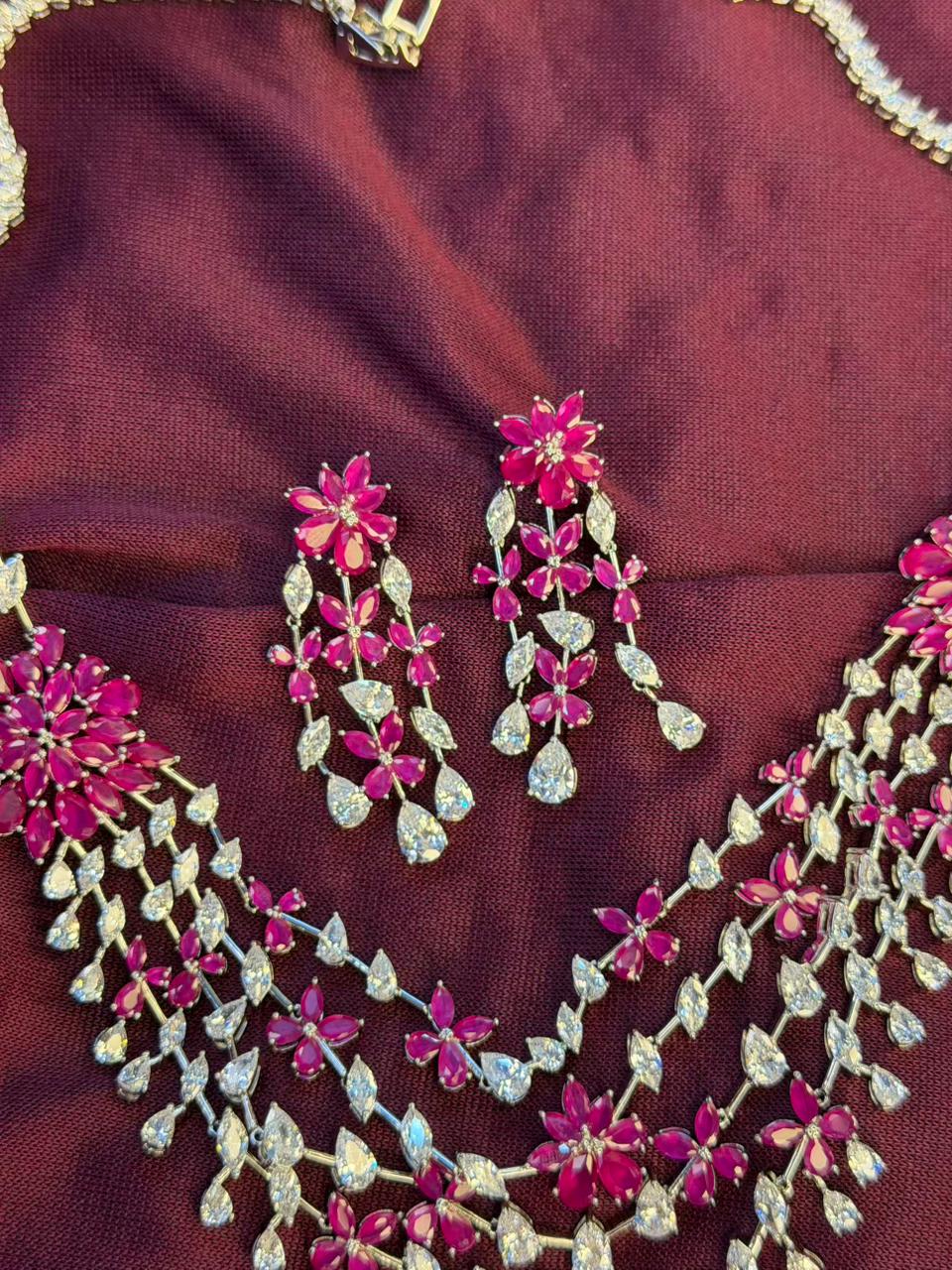 Floral Cascade Design Rhodium-Plated Silver Necklace Set with Ruby Pink Stones