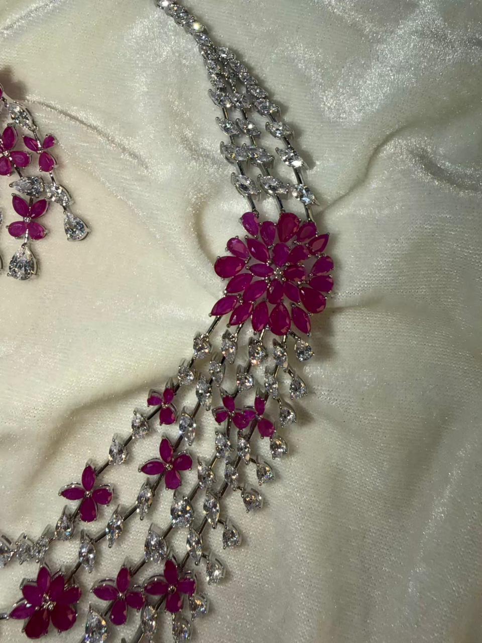 Floral Cascade Design Rhodium-Plated Silver Necklace Set with Ruby Pink Stones