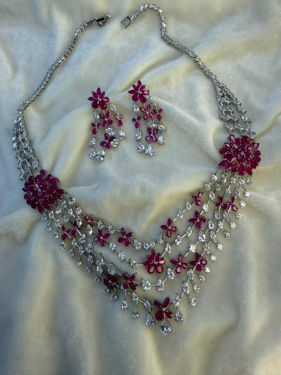 Floral Cascade Design Rhodium-Plated Silver Necklace Set with Ruby Pink Stones