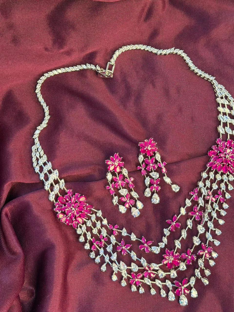 Floral Cascade Design Rhodium-Plated Silver Necklace Set with Ruby Pink Stones